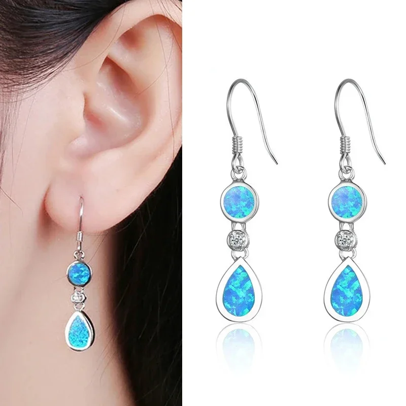 925 Silver Jewelry Boho Ethnic Blue Opal Drop Dangle Earrings for Women Tribal Vintage Pendientes Mujer Moda Luxury Jewelry