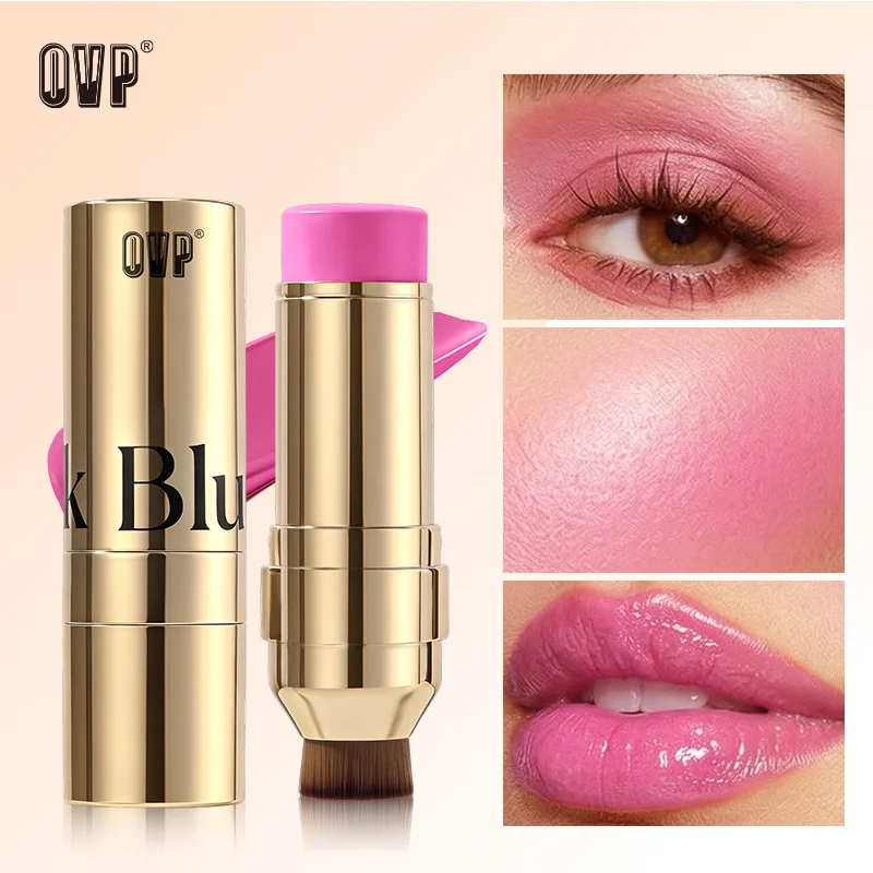 3 In 1 Multi Functional Makeup Stick QVP Cream Blush Stick With Built-in Brush For Cheek Lips Eyes Natural Cream Blush Daily Bea