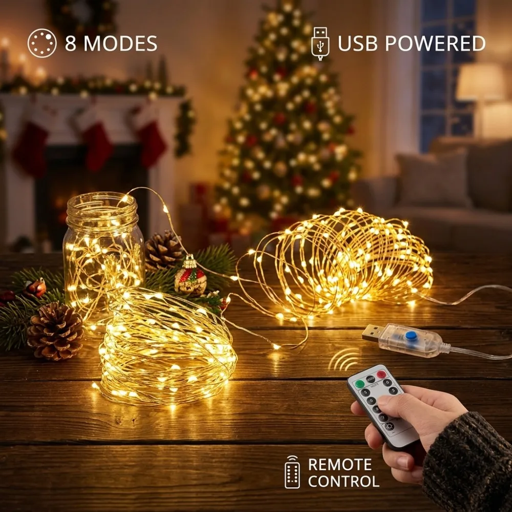 USB Copper Wire Lights Remote Control 8 Modes Warm White for Christmas Weddings Parties Homes Windows Balconies Festive Decor