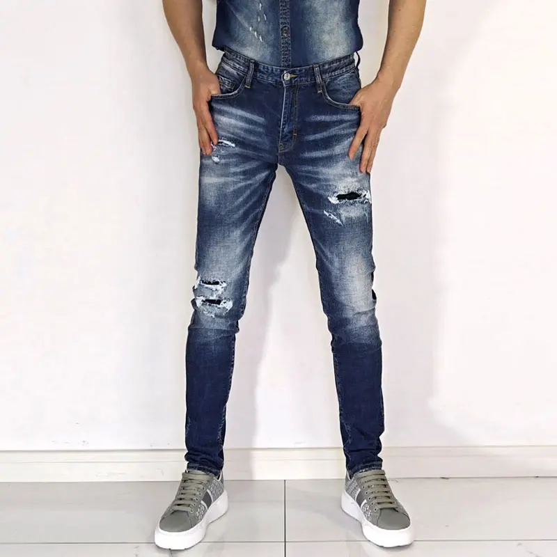 Men Dark Blue Faded Vintage Washed Ripped Stretch Slim Skinny Jeans Mid Rise Hip Hop Streetwear Denim Jeans hombre