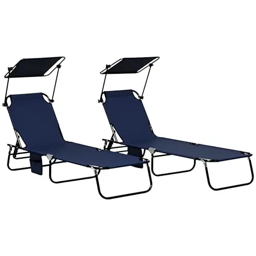Folding Chaise Lounge Chairs Outdoor Set of 2 w/Canopy Dark Blue | Sun Tanning Chairs, Reclining Back, Steel Frame