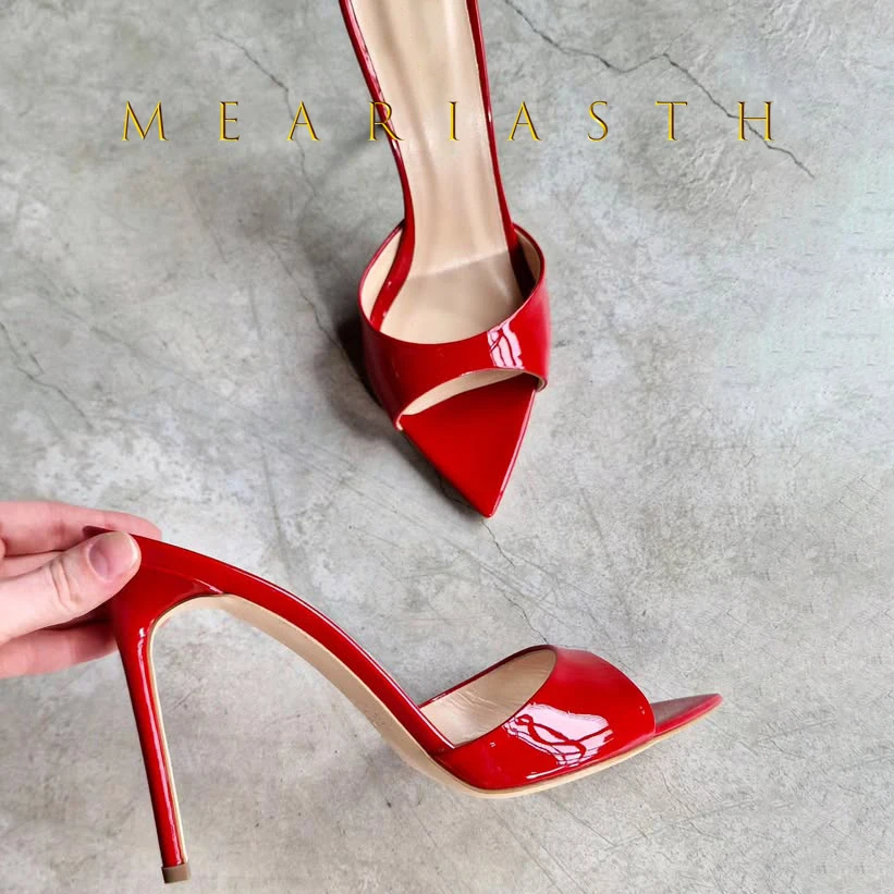 Red patent leather women high heel mule shoes flip flop slipper pointed peep toe casual ladies slip on slides comfortable shoes