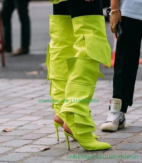 Lady neno green color design pocket boots sexy slingback back thign boots new runway multi-pocket over the knee boots size 46