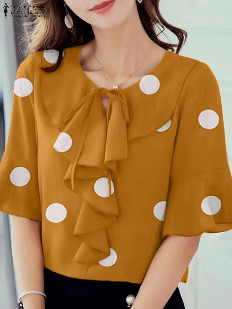 2024 ZANZEA Summer Women Fashion Ruffles Hem Tops Elegant Lace Up Work Shirt Holiday Blusas Half Sleeve Polka Dot Printed Blouse