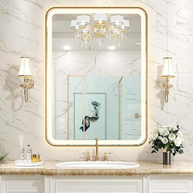 Anti-Fog Double Touch Lighted Wall Vanity Mirror  Beveled Metal Frame  Adjustable Color Temperature Smart Mirror ,