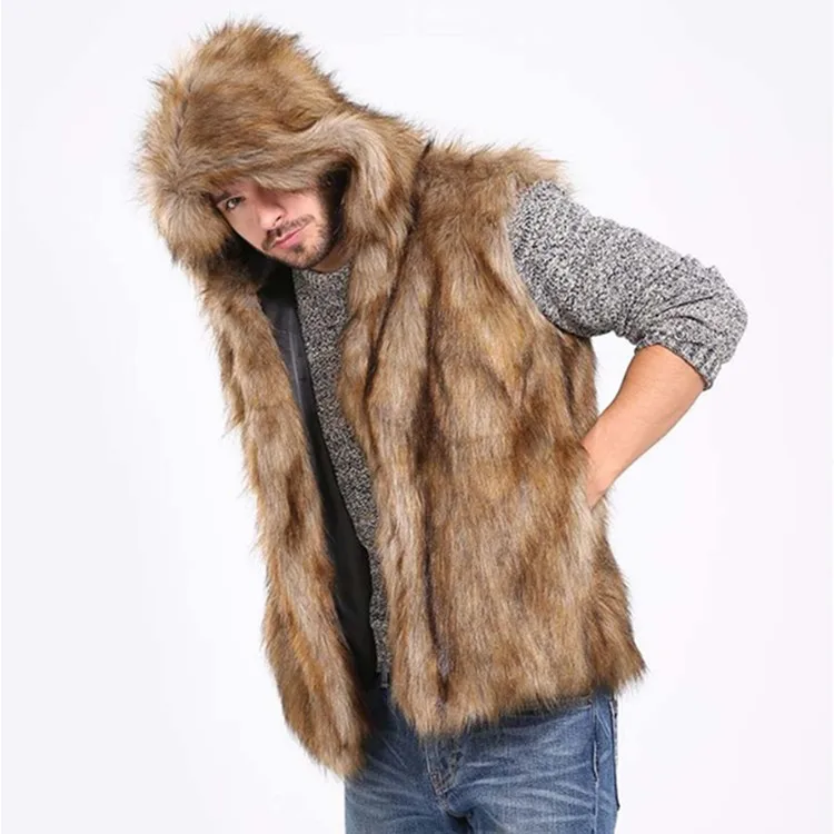 Hooded Vest Solid Faux Fur Men Cardigan Jacket Sleeveless Fur Outerwear Coat Spliced Pockets Loose Casual Basics Autumn