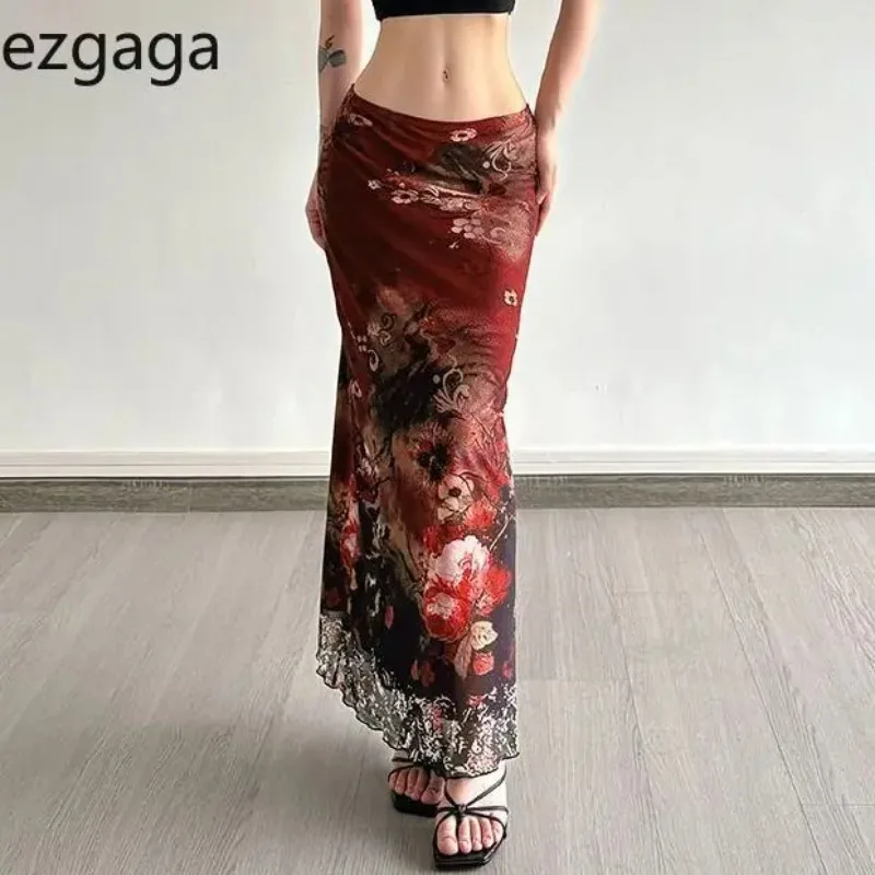 

Ezgaga Long Skirts Women Vintage Floral Printed Ruffles Patchwork Elegant Y2k Fashion Skirt Female Temperament Party Club