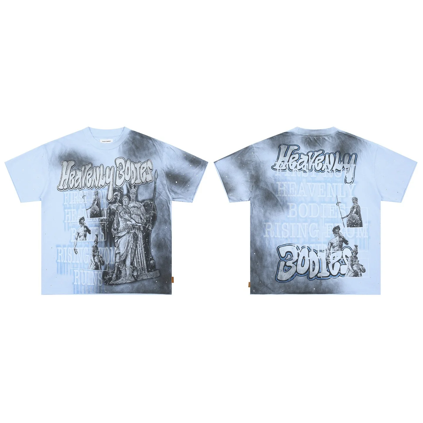 First Row Retro Stone Statue Print Washed Antique Beaded Letter Men's and Women's Trendy Loose Short-Sleeved T-Shirt