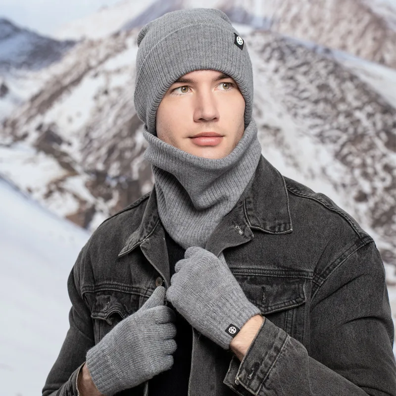 Autumn Winter Outdoor Warm Wool Hat Scarf Gloves 3 Pieces Suit Windproof Adult Knitted Muffler Hats and Caps for Men Women