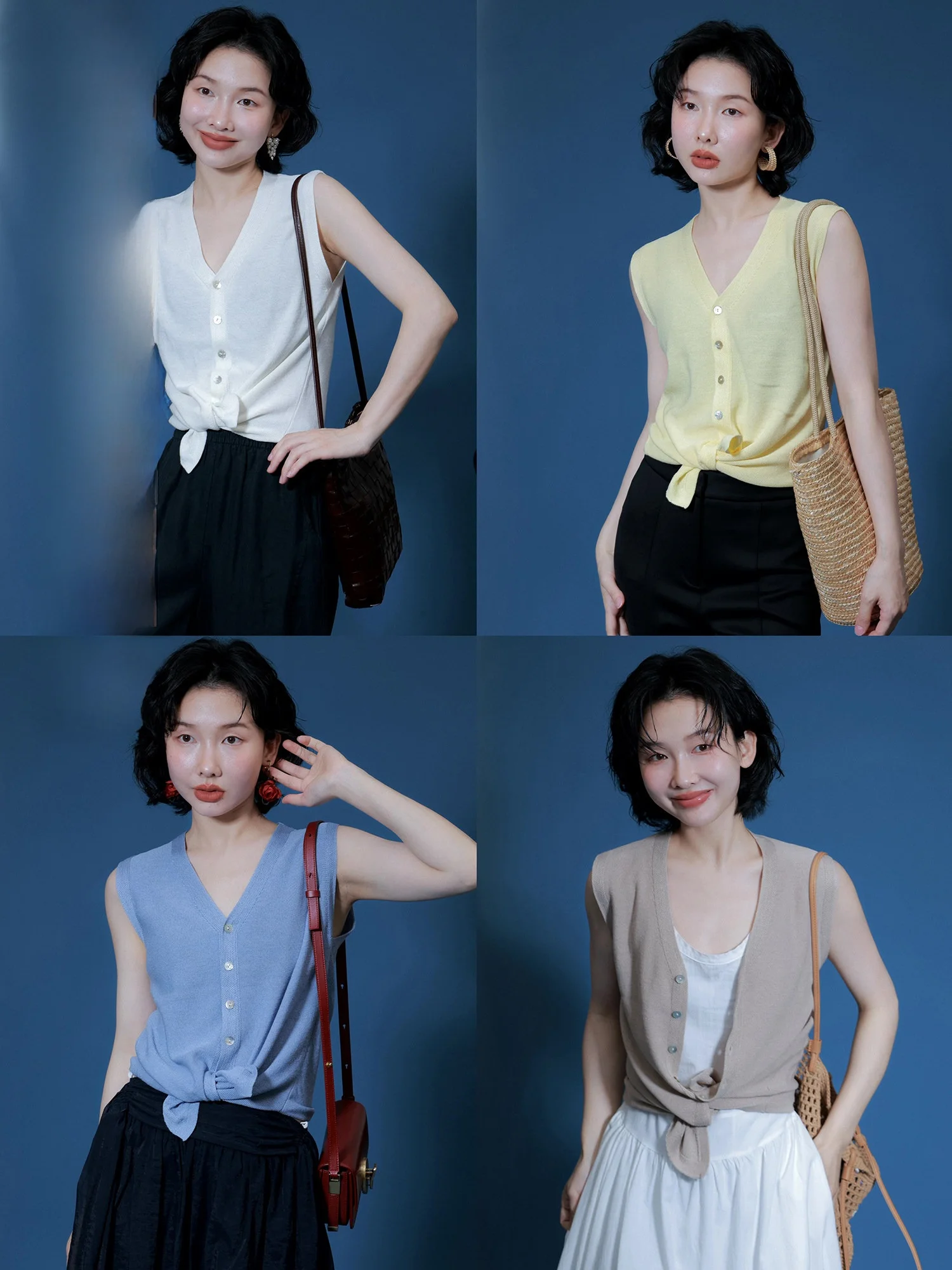 

IVY YANG Summer Simple Lazy Style V-neck Fashionable Knitted Open Shoulderless Vest Mother-of-pearl Button Women's Knitted Top