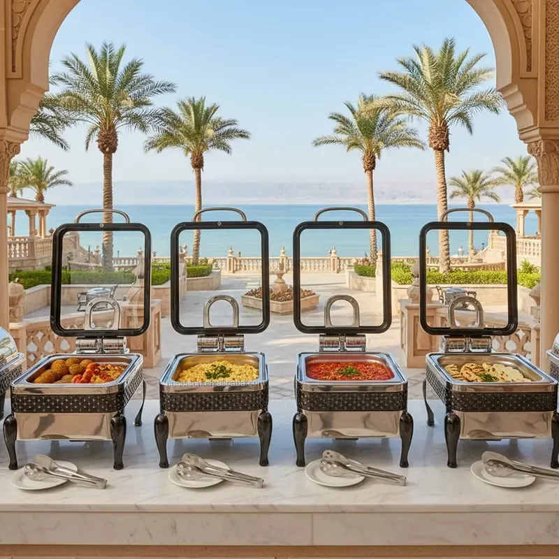Huadison Hotel Supplies Chaffing Dishes Buffet Catering Stainless Steel Black Buffet Food Warmer With Glass Cover