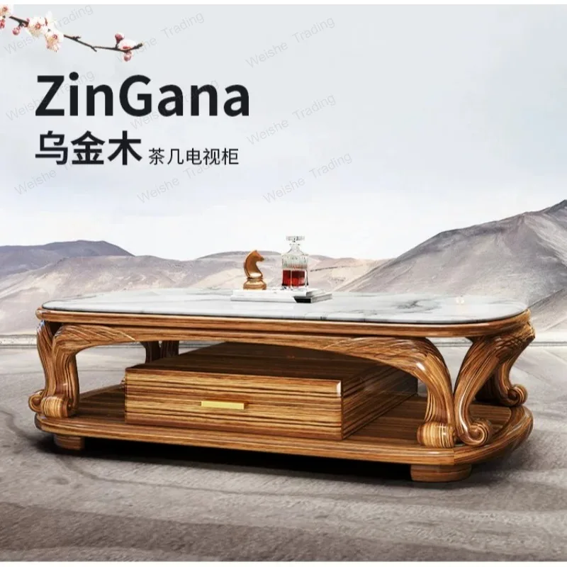 European luxury ebony marble coffee table floor cabinet modern new Chinese style, special-shaped, solid wood coffee table