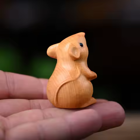 Home Decor Wood Carved Zodiac Mouse Statuette Funny Decorative Hamster Statue Cute Animal Figurine Sculpture Office