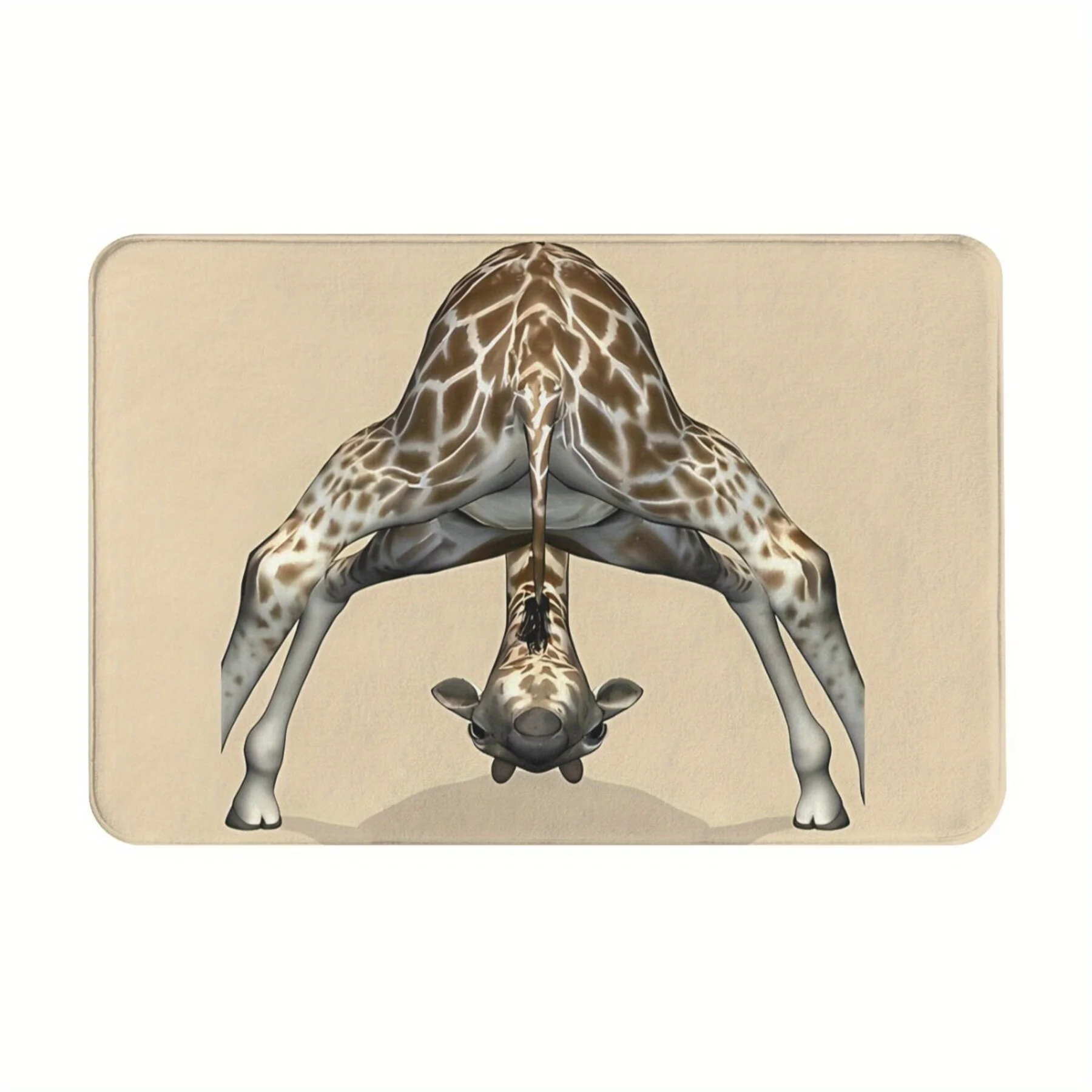 Giraffe Doormat –Beige Background, Realistic Upside-Down Giraffe, Polyester Flannel, Non-Slip, Machine Washable, Indoor Use Only