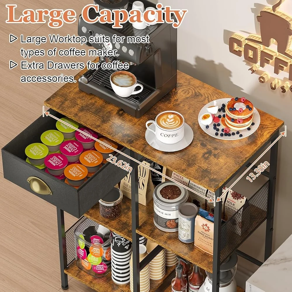 5-Tier Coffee Bar Stand with Drawer Rustic Kitchen Storage Compact Microwave Rack Space Saver