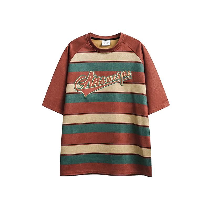

Summer new trendy brand suede contrasting striped round neck short sleeved men's loose and comfortable versatile casual T-shirt