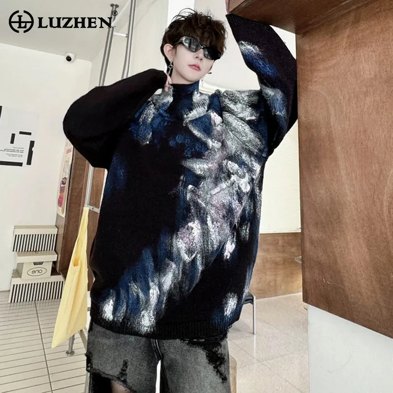

LUZHEN Knitted Stand Up Collar Hand-painted Pattern Thick Pullover Sweater High Street Personalized Stylish Warm Tops JY4654