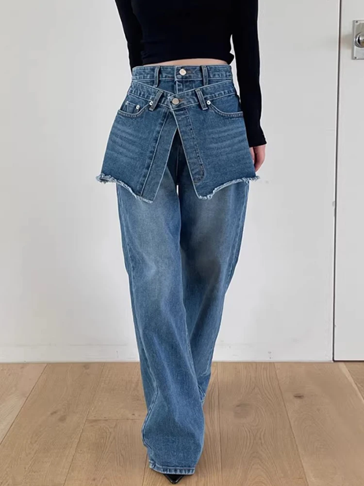 

Retro High Waist Wide Leg Jeans Casual Sle Women's Denim Pants with Belt Versatile Autumn Faion Chic Aged Effect