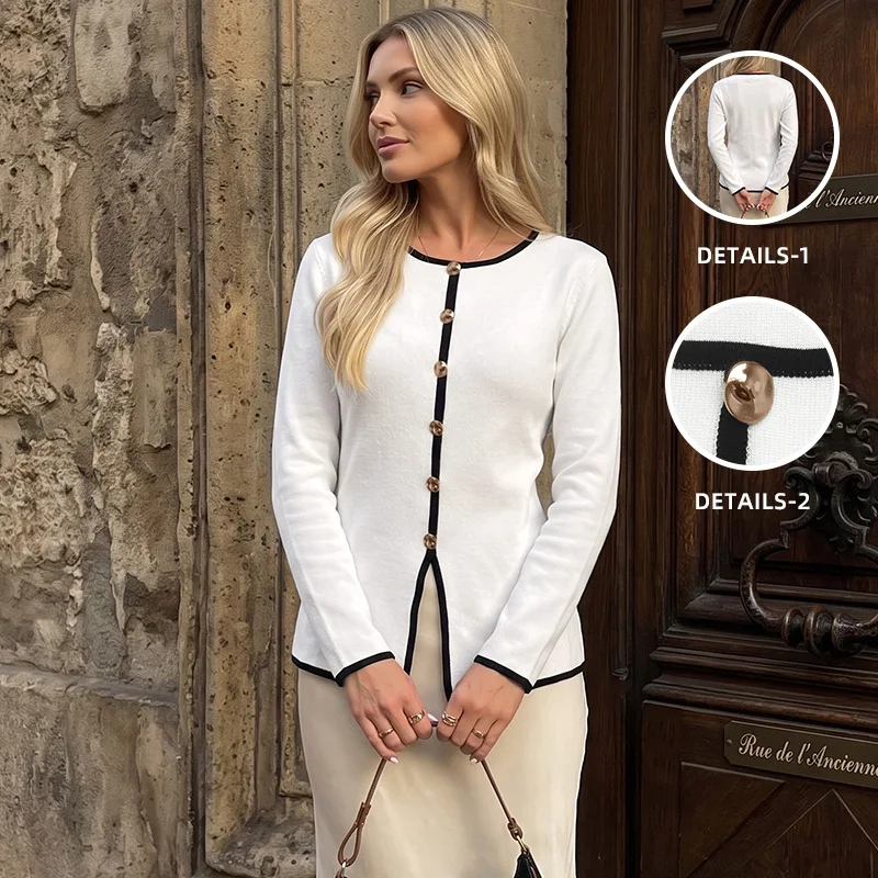 Women Sweaters Coats Vintage Round Neck Jackets Full Sleeve Jumpers Y2k Streetwear Elegant Knit Slim Fit Autumn Winter Cardigan