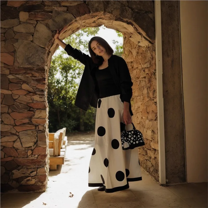 

2025 Spring Autumn New Elegant Commuter Women's Skirt Fashionable Big Polka Dot Printed High Waist Loose Hem Temperament Skirt