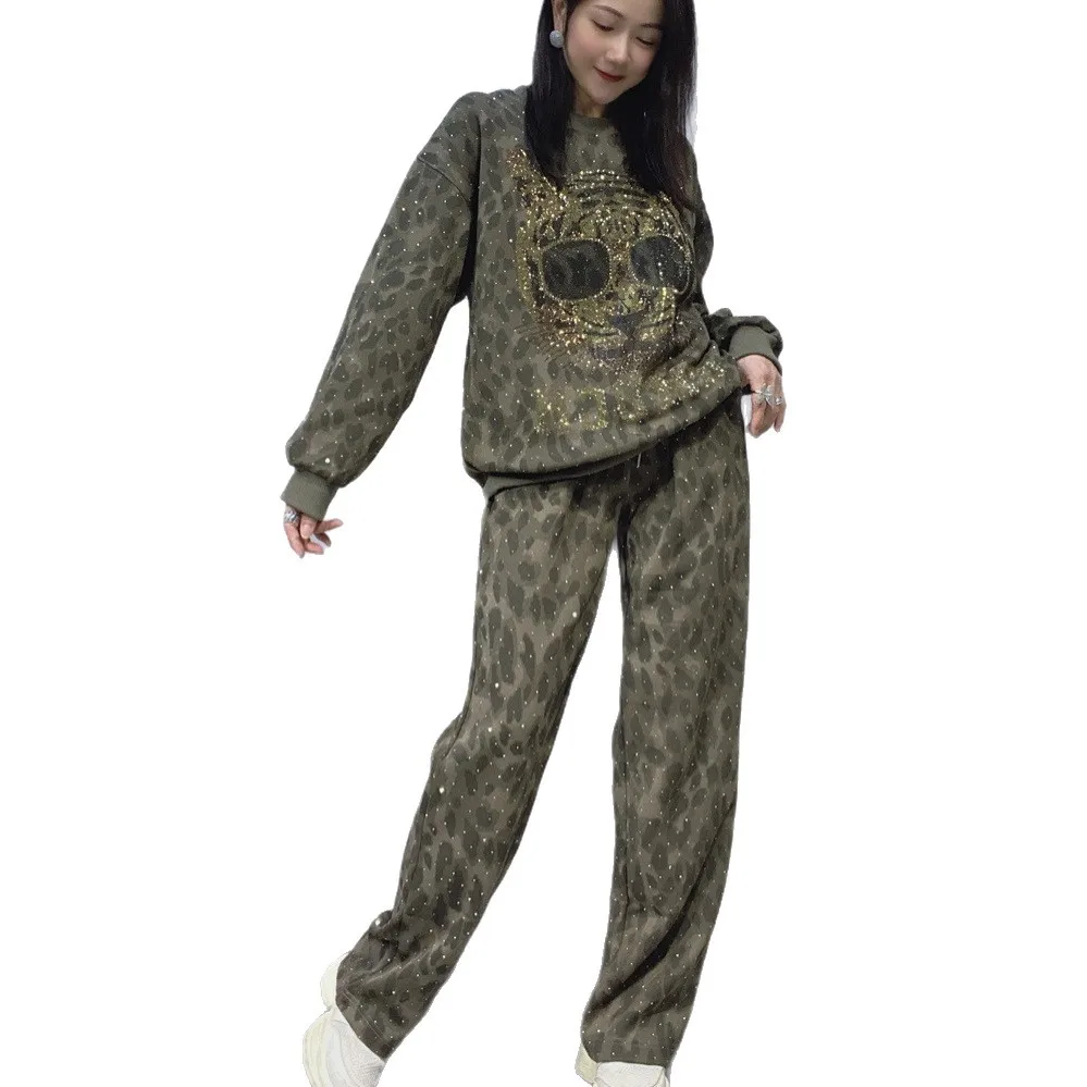 الاستبداد النمر رئيس الساخن الحفر المرأة قطعتين مجموعة الخريف طويلة الأكمام س الرقبة كنزة قطيفة + السراويل المستقيمة غير رسمية #5