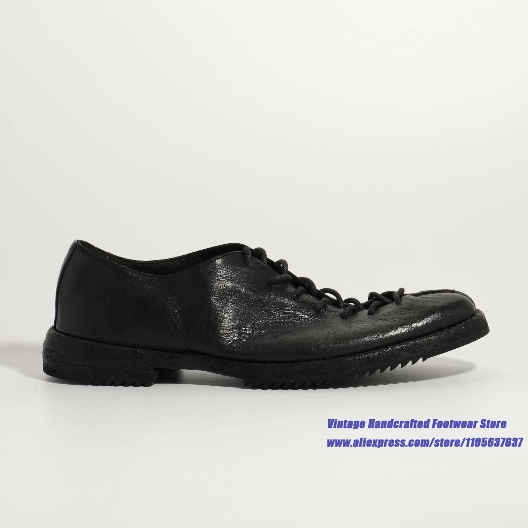 Men's Black Leather Lace-Up Single Shoes Thick-Soled Casual Shoes Gothic Round Toe Derby Shoes Vintage Handcrafted Men's Shoes