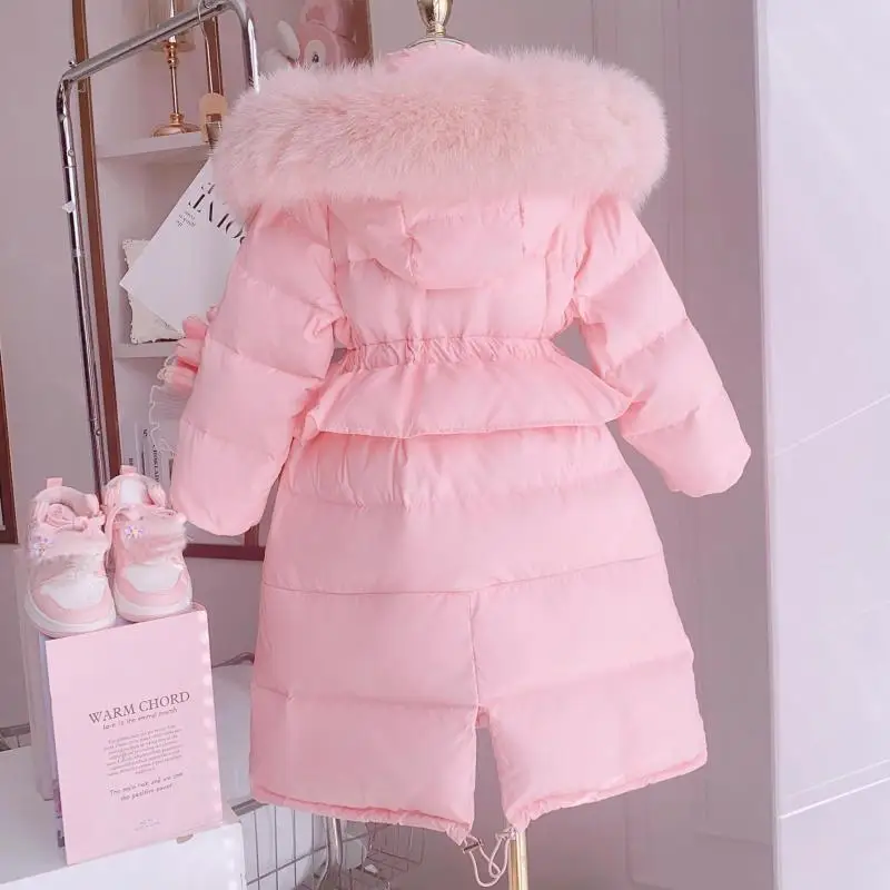 Girls' Winter New Solid Color Hoodie with Hairy Collar and Waist Collection Fashionable Windproof and Warm Long Cotton Jacket