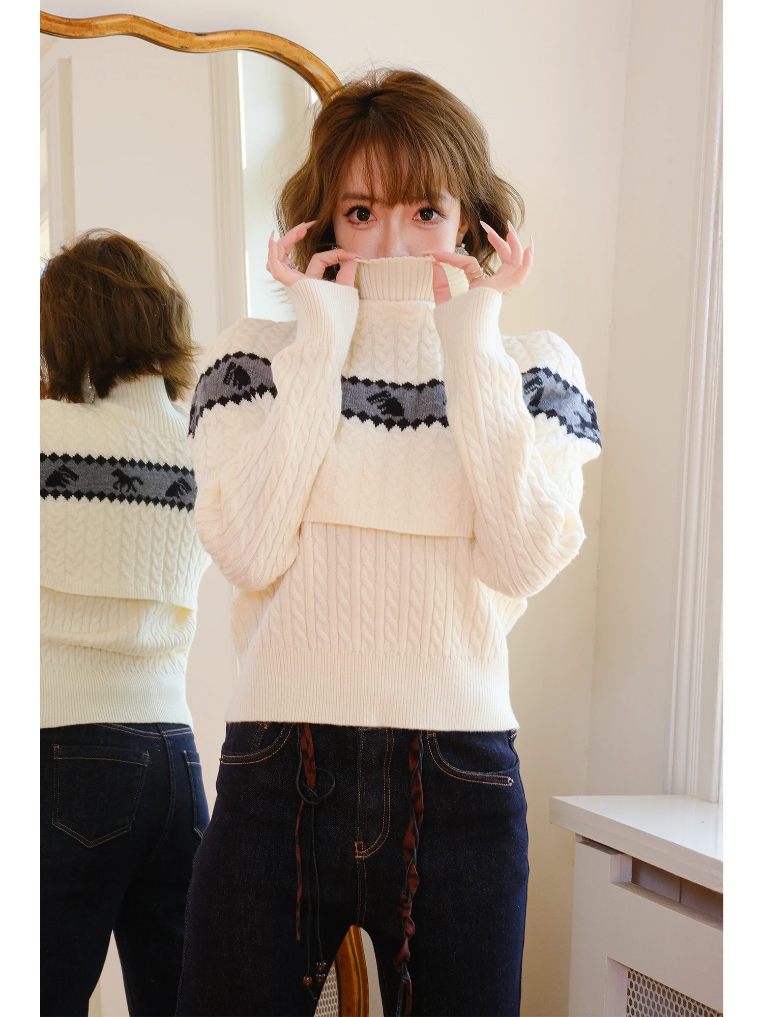 

MIUCO Vintage High Collar Knitted Sweater Two-Piece Set Women's oulder awl Twisted Flower Design Winter Faion