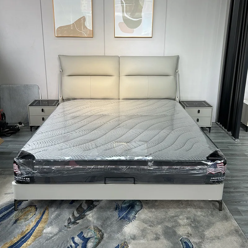 Leather double bed first layer cowhide brand Italian light luxury minimalist soft bed modern minimalist master bedroom software