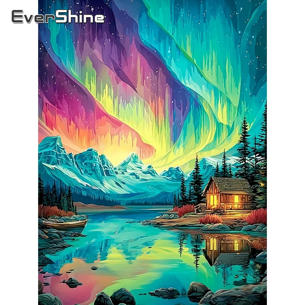 EverShine Voll-Diamant-Mosaik Haus-Landschaft 5D Strass-Bild Stickerei Aurora DIY Malerei Berg Heimdekoration