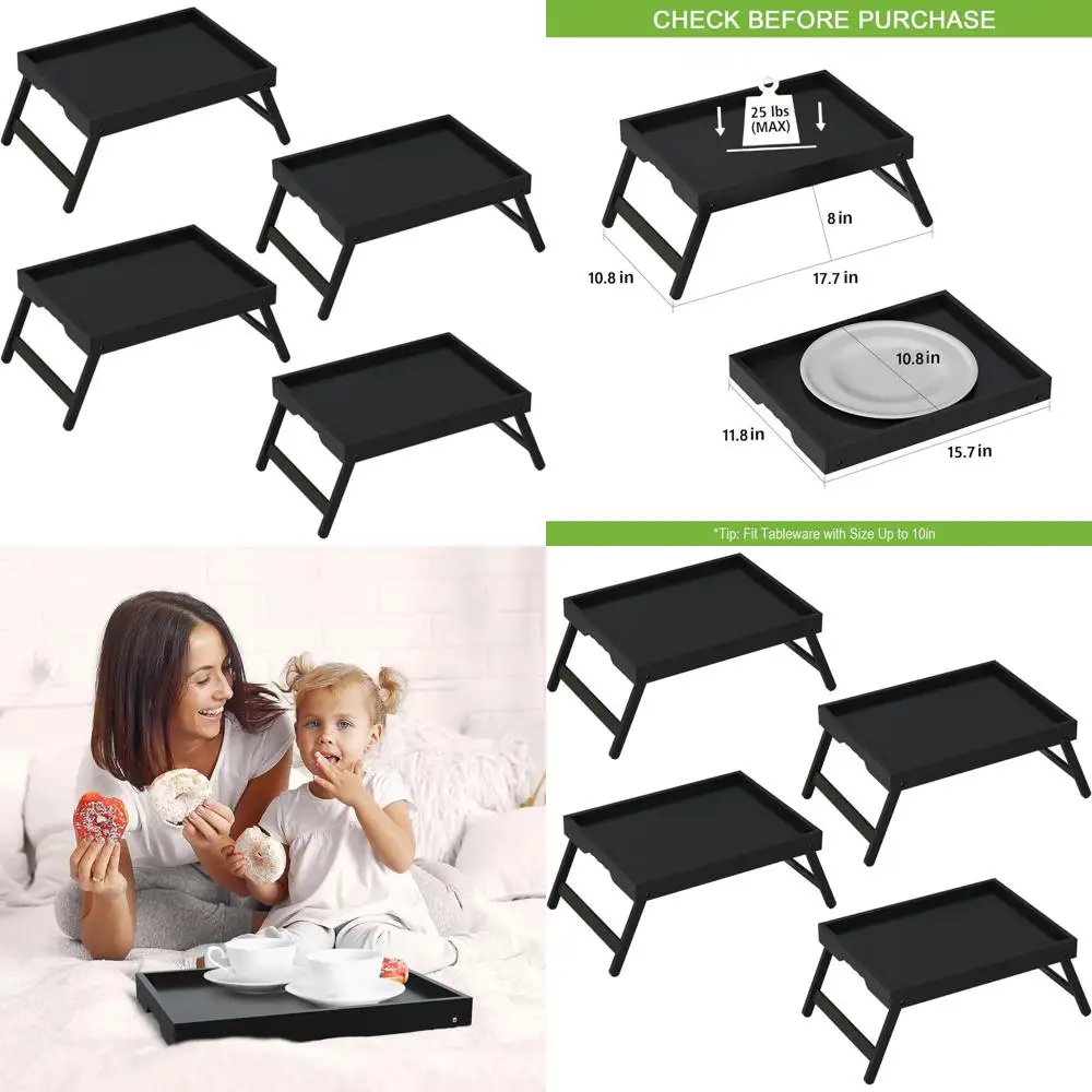 

Набор из 4 складных бамбуковых подносов для завтрака, черные, для кухни, дивана, использования в качестве столика для ноутбука