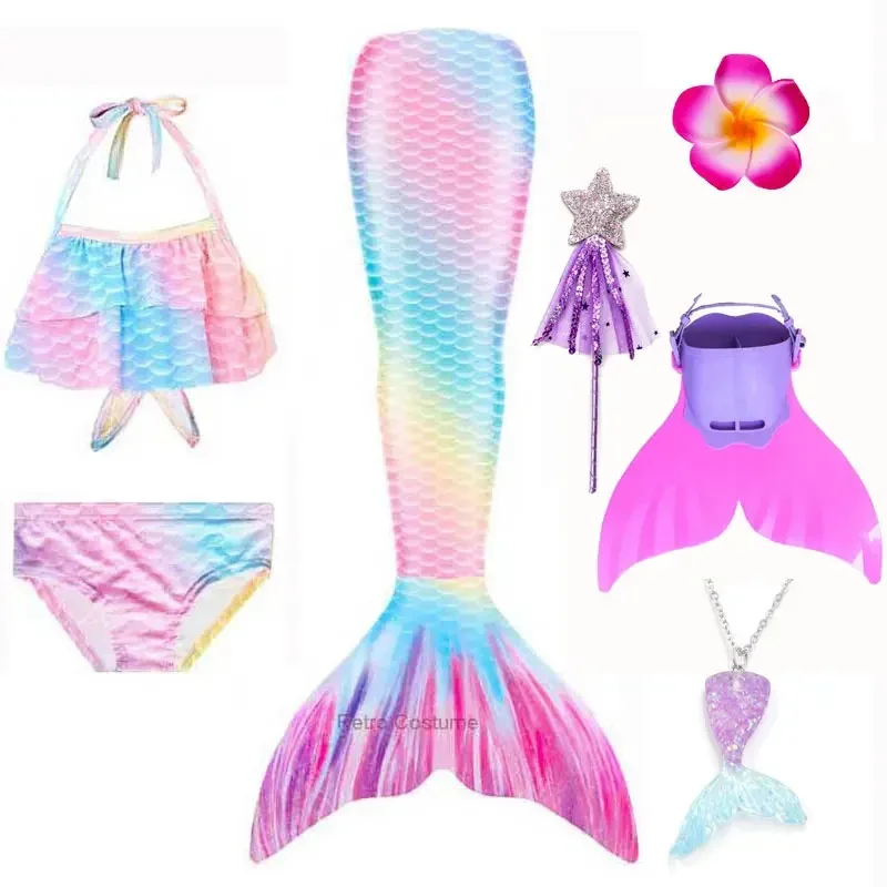 Sky02 купальник с хвостом русалки для девочек, детское платье принцессы Meamaid для плавания с бикини, ожерелье с головой цветка, Хэллоуин C88Ji