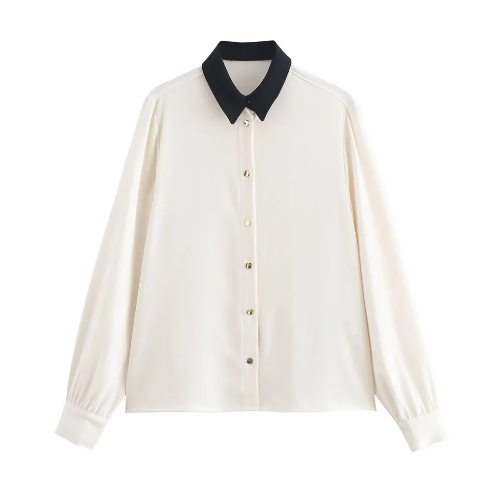 

2024 autumn and winter new product temperament women's clothing patchwork collar crepe fabric long sleeved lapel shirt
