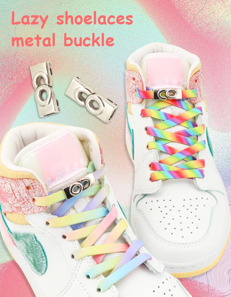 Farbverlauf-Schuhbänder in Regenbogenfarben, ohne Schnürsenkel, mit Metallschnalle, elastische, flache Schnürsenkel für Sneaker, geeignet für Kinder und Erwachsene. – Detail 1