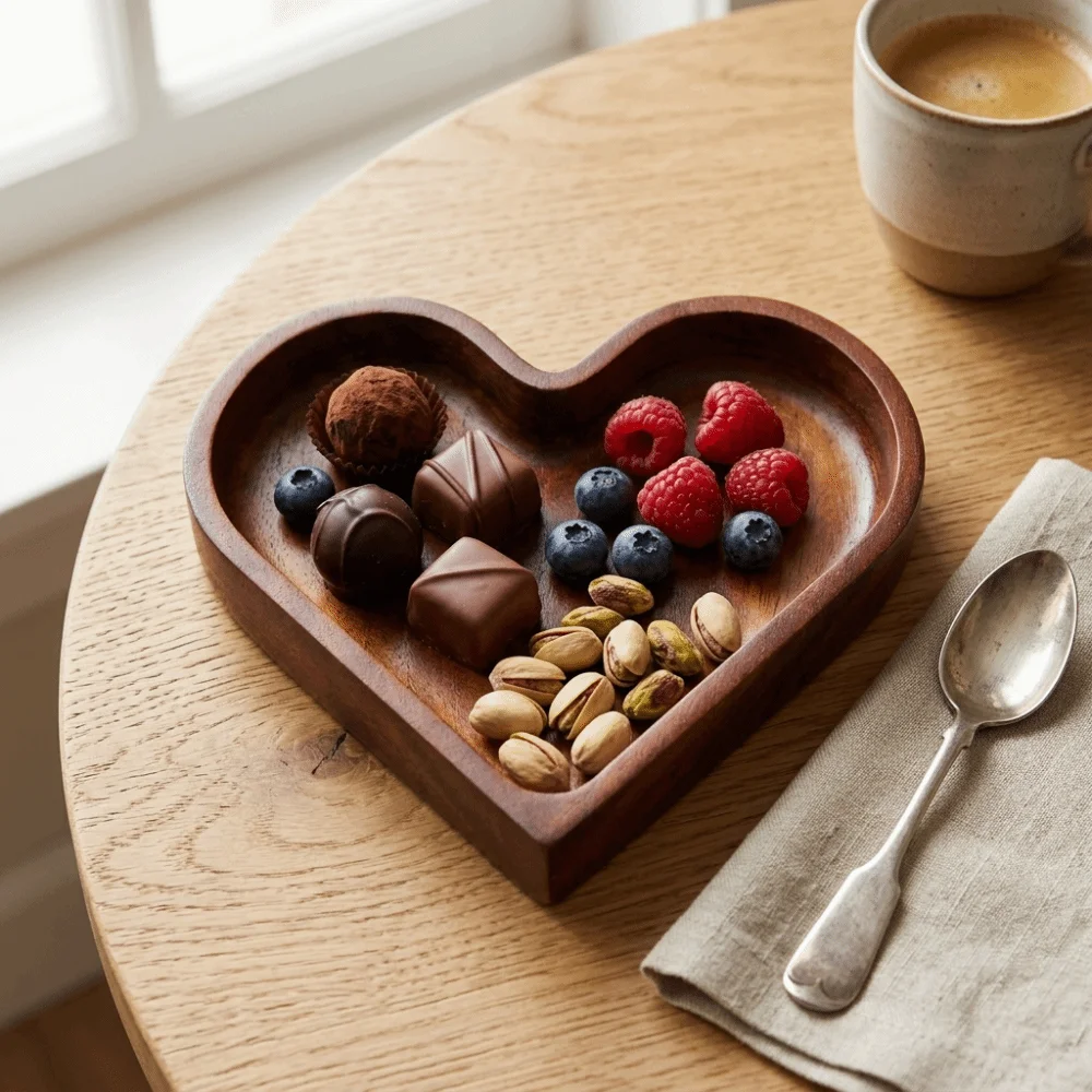 Solid Wood Wooden Tray Heart Outline Smooth Decorative Plate Flat Stable Bottom Thickened Dessert Tray Dessert Display