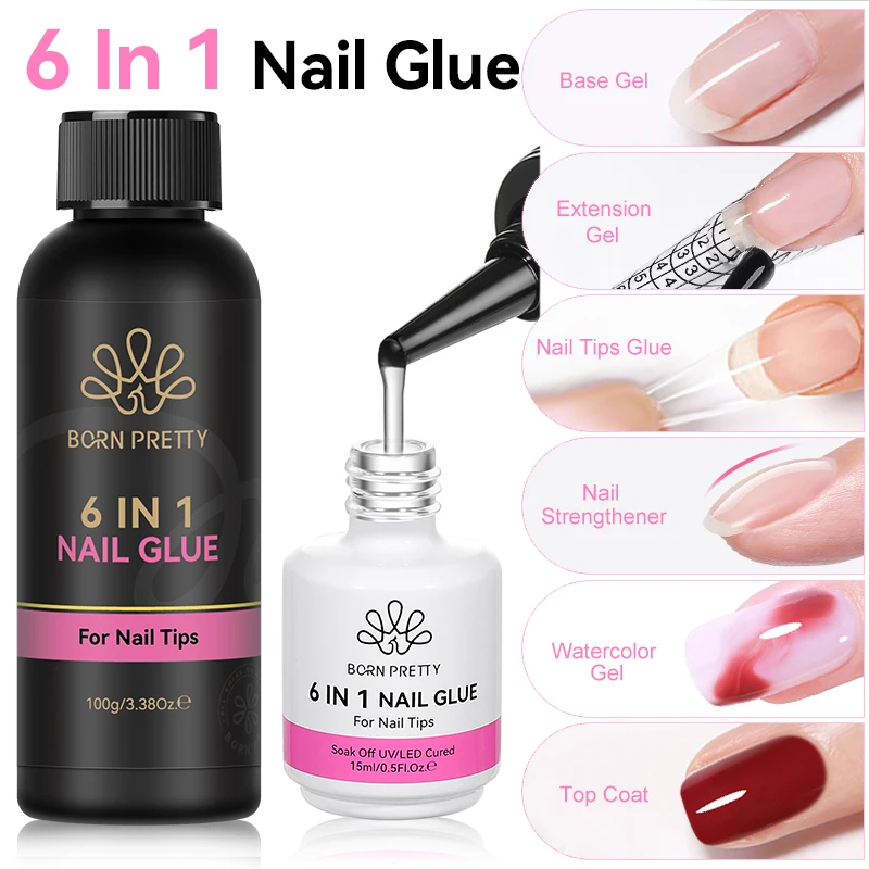 

BORN PRETTY 100g 6 in 1 Nail Glue Gel Strong Nail Tips Gel Adhesive Press On Nails Super Top Coat Manicure Nail Supplies Design