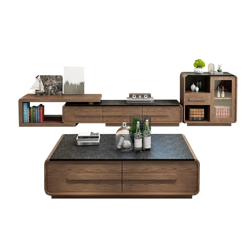 

Nordic Burned Stone Tea Table TV Cabinet Combination Set Retractable Marble TV Cabinet Living Room Furniture
