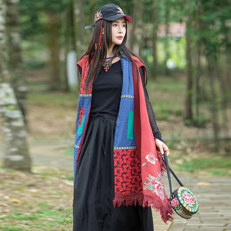 

New 2026 Women's Ethnic Embroidered Patchwork Shawl Scarf Warm Cotton Plant Floral Pattern Long Rectangle Youth Spring Autumn