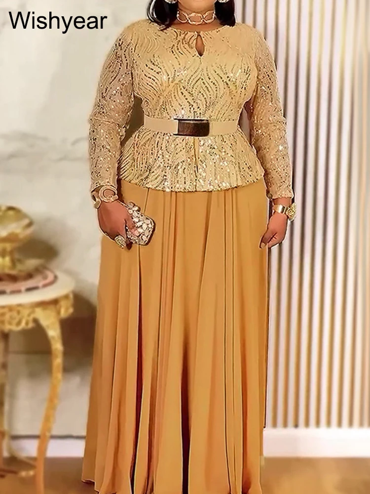 New Luxury Sequined Patchwork pleated Long Dress with Belt Women Long Sleeve Slim Wedding Guest Christmas African Winter Robe