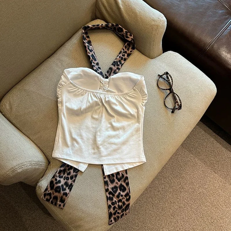 Trend Sexy Leopard Halter Patchwork Brust Wrap Top T Sommer Frauen Kleidung Neue Slim Alle-spiel Schnürung Leibchen Weibliche t-Shirts