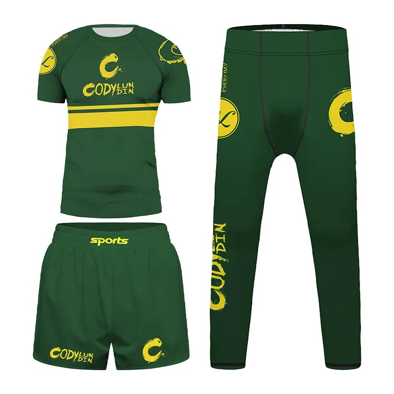 Boys Deep Green Yellow Printed Taekwondo Gym Workout Compression Rushguard Set Quick Drying MMA Jiu-Jitsu Boxing Training Suit