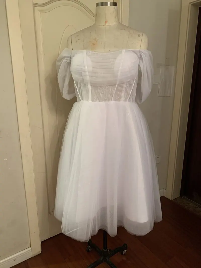 Vestido de baile plisado con hombros descubiertos de tul brillante, vestido de fiesta Formal de ilusión, vestidos de novia para ocasiones especiales, longitud de té