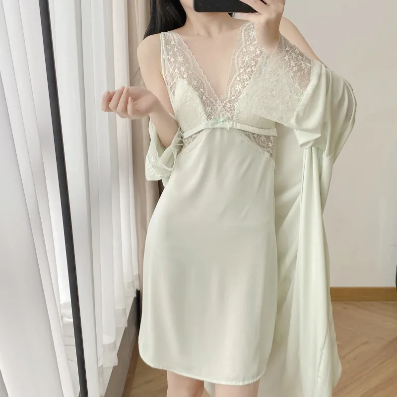 Green Robe Long Sleepwear Female Satin Lingerie Sexy Homewear Ice Silk Intimate Lingerie 2Pcs Pajamas Suspender Nightdress