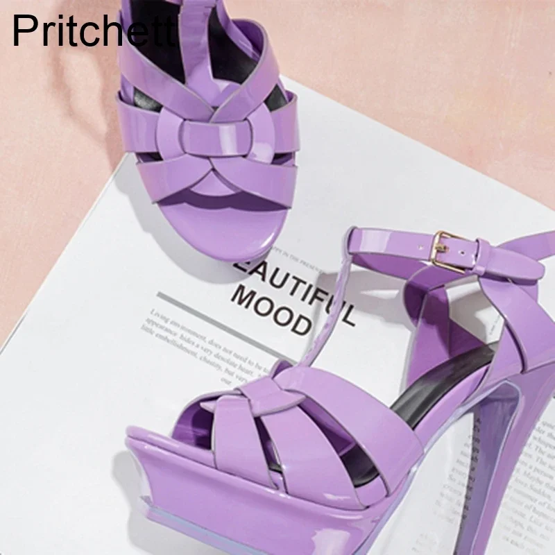 Black Leather Cowhide Super High-heel Fish Mouth Shoes Waterproof Platform Buckle Sandals Luxury Banquet Fashion Women's Shoes