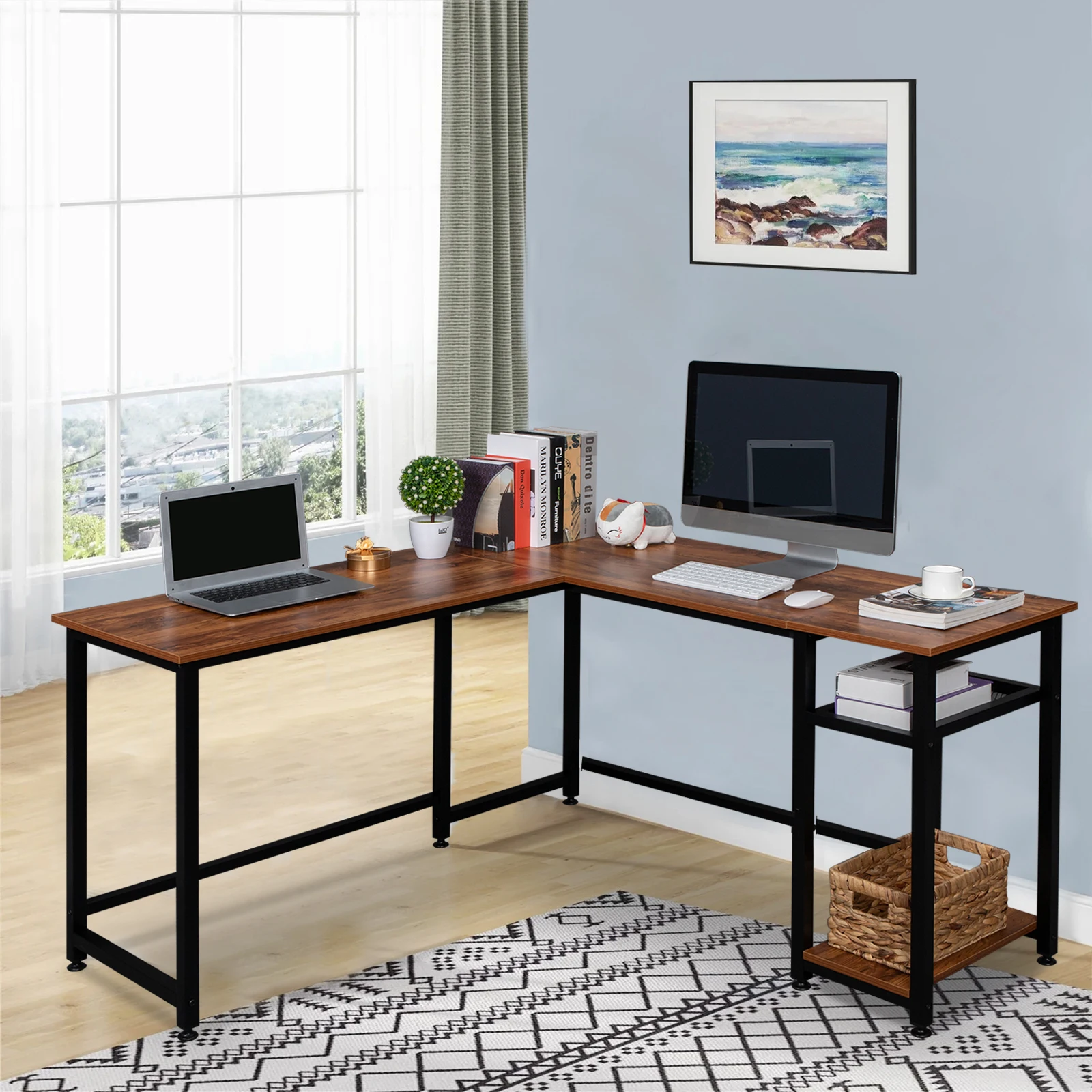 FCH L-Shaped Right Angle Splicing Computer Desk 140CM Particleboard Paste Triamine Office Study Table Retro/Black Color[US-W]