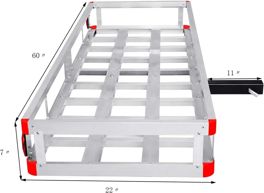 Bagażnik do zaczepu, aluminiowy kosz do montażu na zaczepu o udźwigu 500 funtów, pasuje do odbiornika 2", 60" x 22" x 7" Carg do zaczepu przyczepy