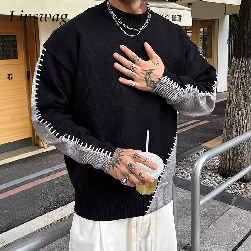 

Vintage Contrast Color Patchwork Knit Sweatshirt Men Fall Winter Outdoor Casual Knitting Jumper Top Mens Stylish Knitted Sweater