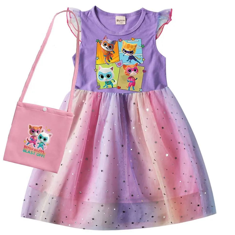 Kinder Super kitties Kostüm Kinder Cosplay Super Kitties Kleidung für Mädchen fliegende Ärmel A-Linie Kleid mit Tasche und Stirnband