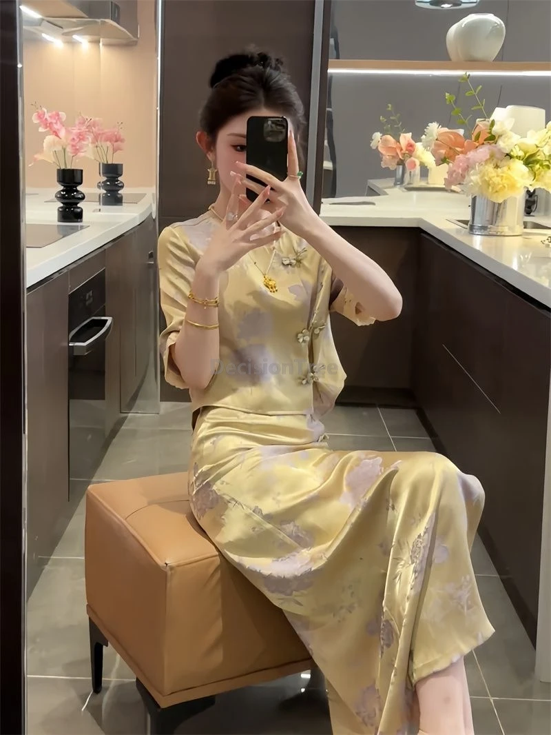 Immagine 5: Completo tailleur due pezzi elegante e vintage da donna, con stampa artistica e letteraria, stile cinese, per l'ufficio, collezione 2026