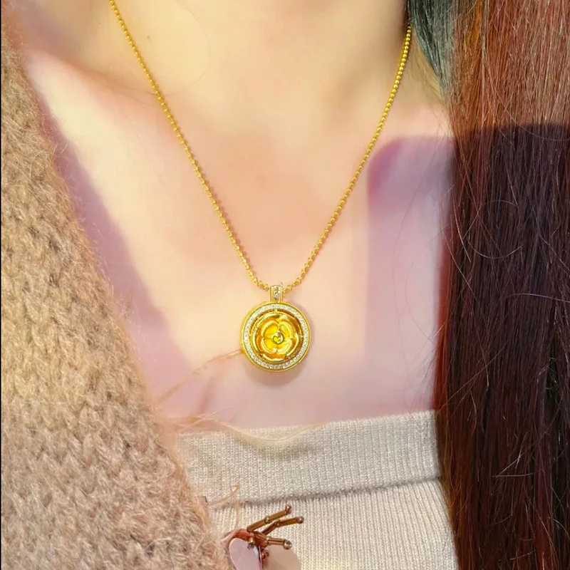 

Gold Shop Same Style 9999 24K Real Gold Women's Gold Necklace Light Luxury Full Diamond Rose Girlfriend Birthday Gift Beautiful